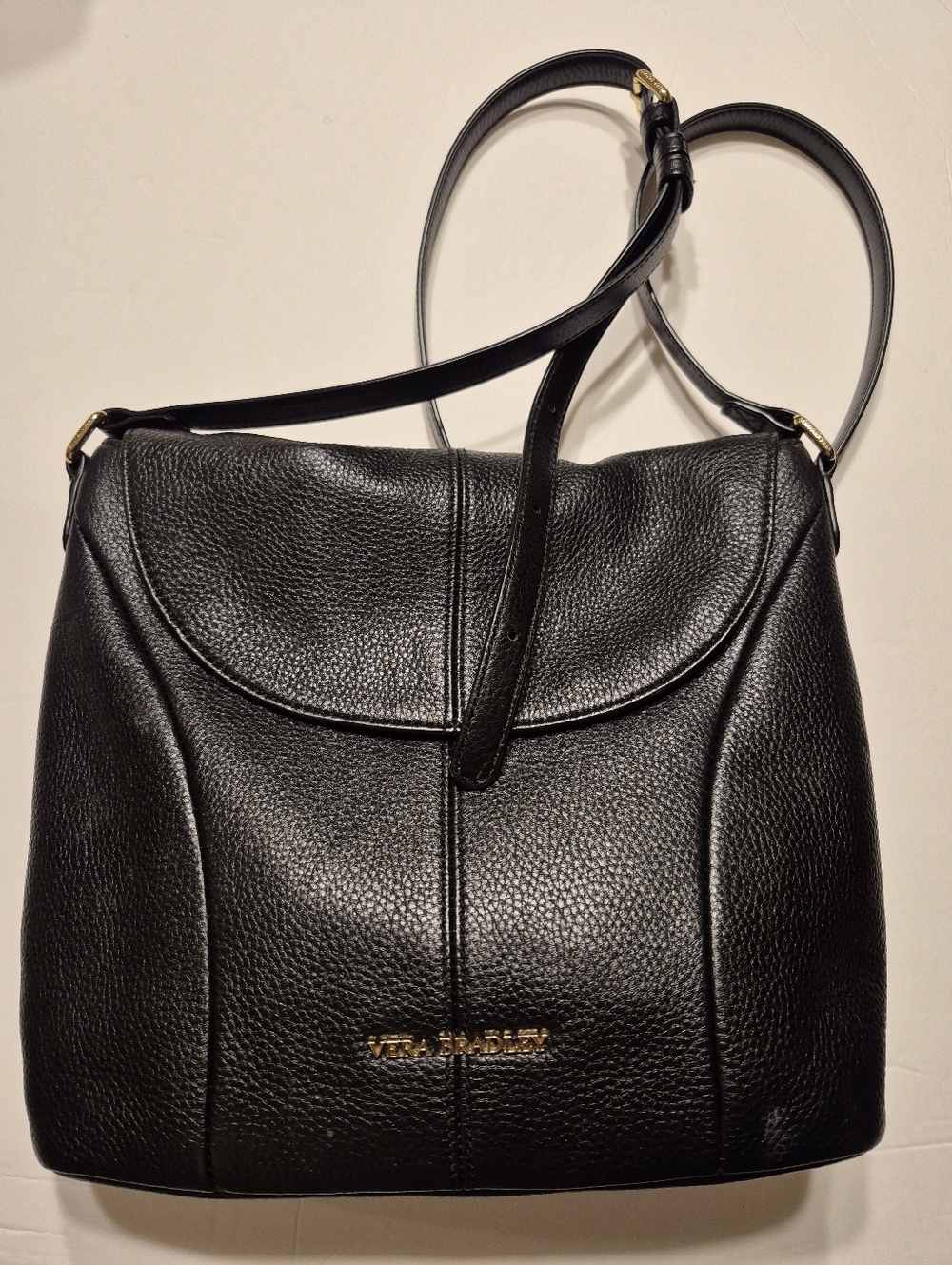 Vera Bradley Black Pebbled Leather Shoulder Bag with Gold Hardware